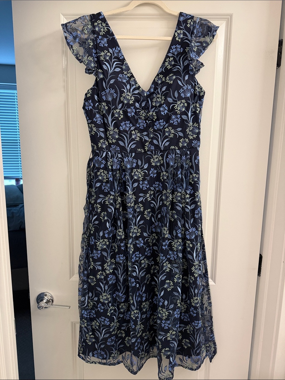 Navy Floral V-Neck Midi Dress